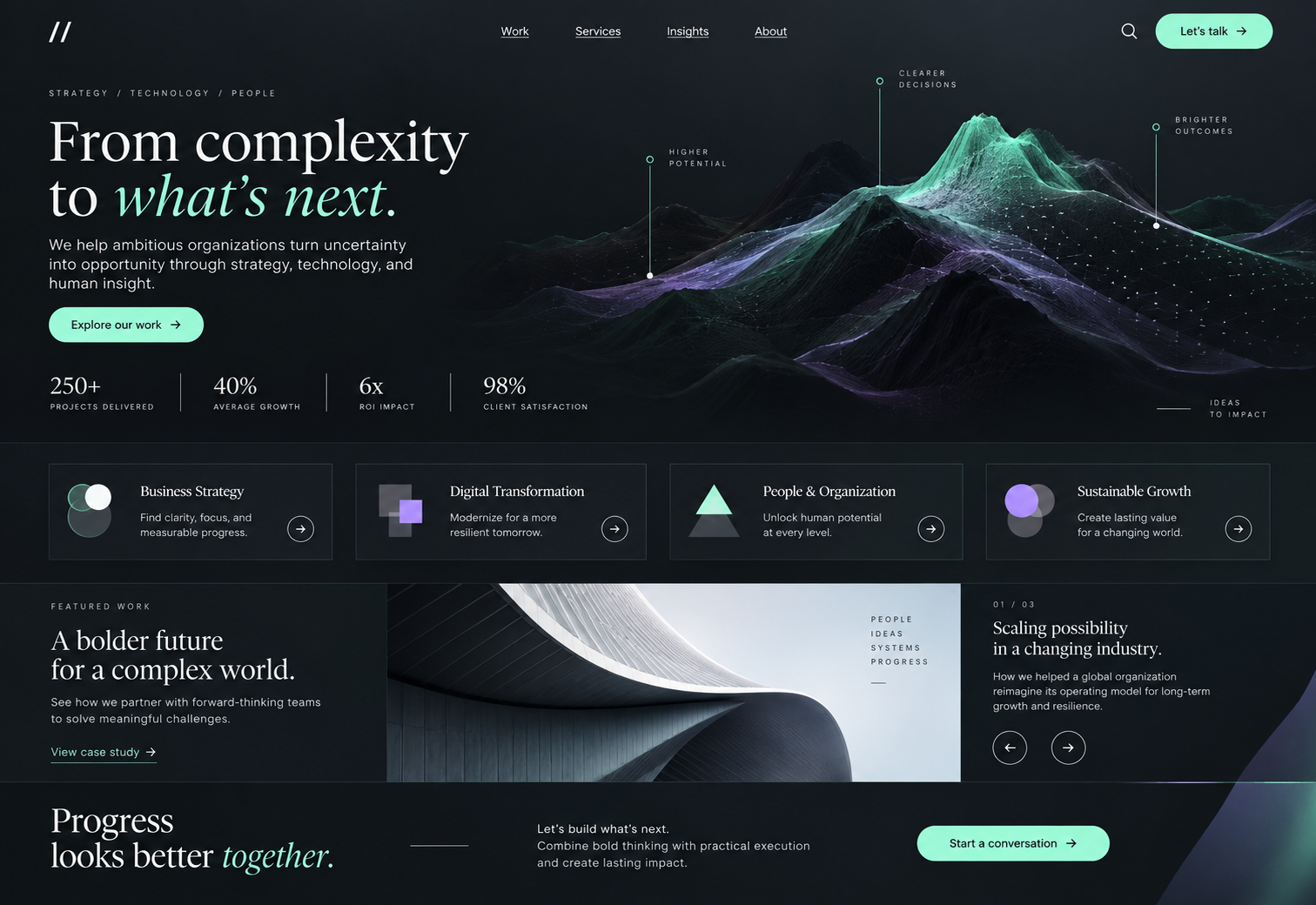 Dark website concept for a fictional consulting firm with data visualizations and service cards