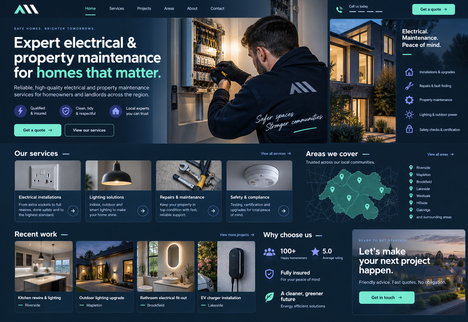 Local property service website concept with service cards, coverage map and project photography