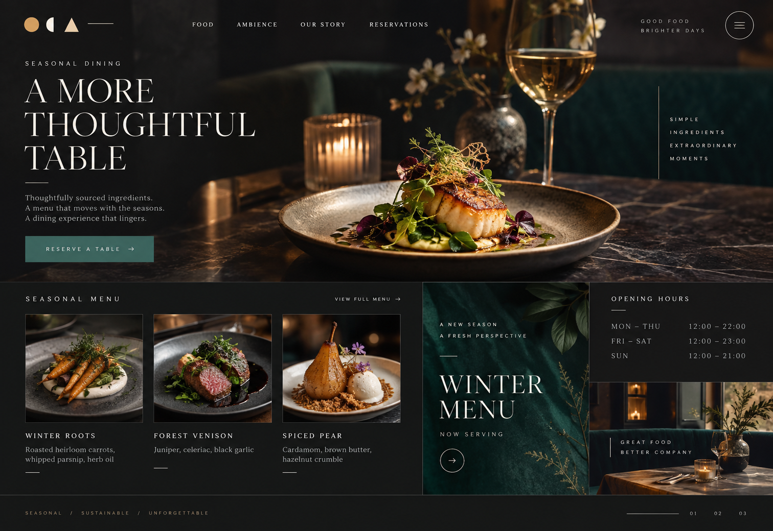Atmospheric restaurant website concept with menu, opening details and reservation interface