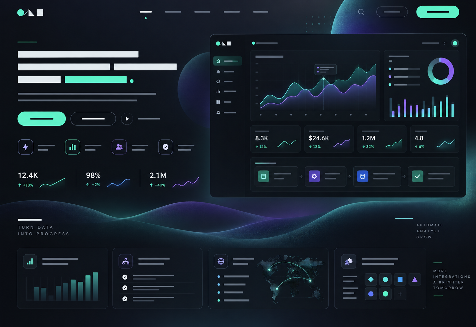 Dark SaaS landing page concept with analytics charts, workflows and integration tiles