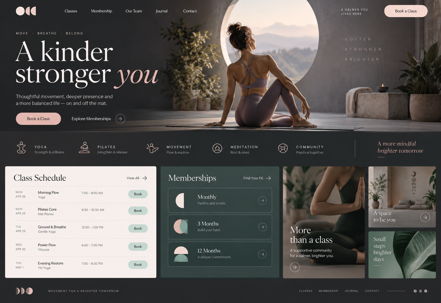 Calm wellness studio website concept with class schedule, memberships and instructor imagery