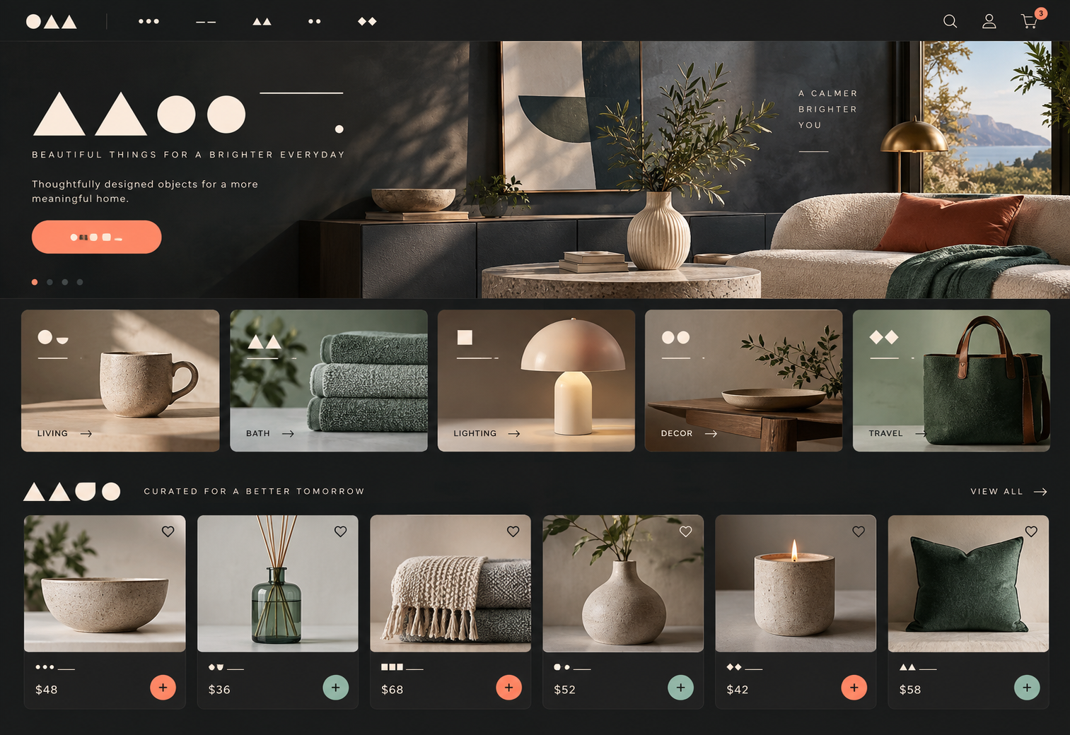 Dark e-commerce website concept with product photography, category cards and cart interface
